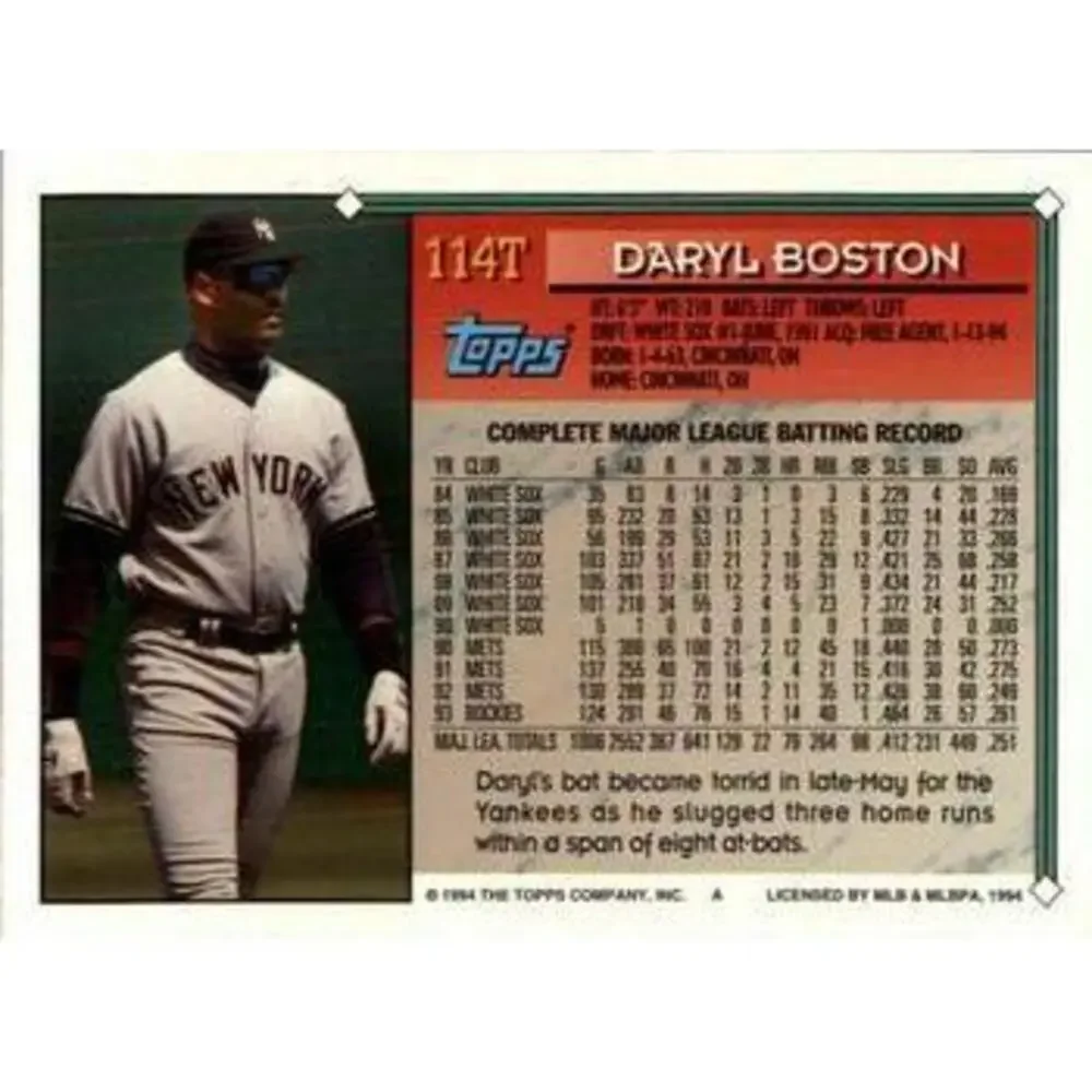 1994 Topps Traded Daryl Boston 114T New York Yankees